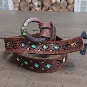 Boho Brown Floral Tooled Leather Belt Sz M